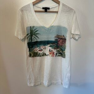 J. Crew White V-Neck T-Shirt with Beach Scene
